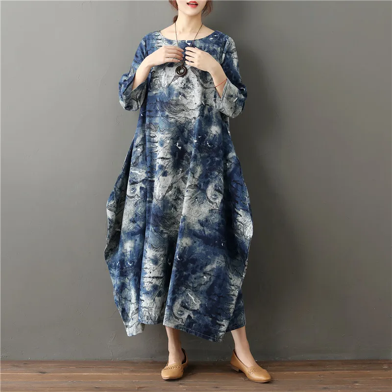 

Johnature 2019 Summer New Women's Large Size Art Prints Dress Loose Casual Vintage Cotton And Linen Vintage Dress Women's Cloths