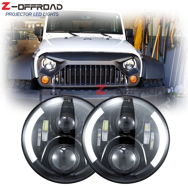 

For Land Rover Defender 90 & 110 headlamp replacement 7" LED plug&play headlight kit with white halo amber turn signal lighting
