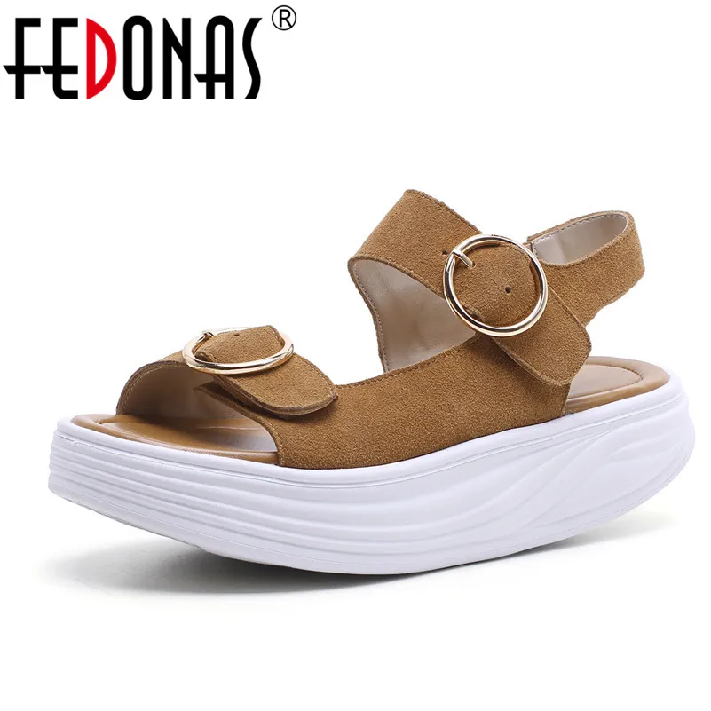 

FEDONAS Summer Women Sandals Flats Heel Peep Toe Platforms Shoes Woman Ankle Strap Female Cow Suede Comfortable Casual Shoes