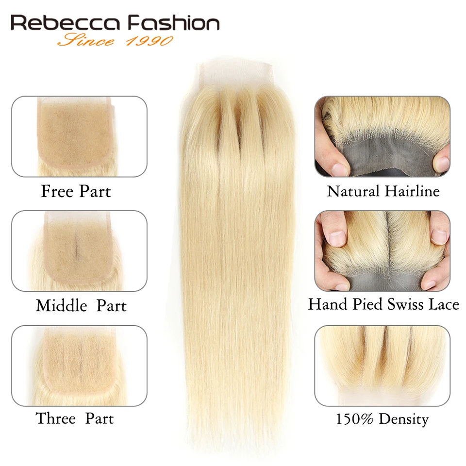 Rebecca прямые 613 медовый блонд закрытие перуанский Реми человеческие синтетические волосы 4x4 прозрачная швейцарская шнуровка