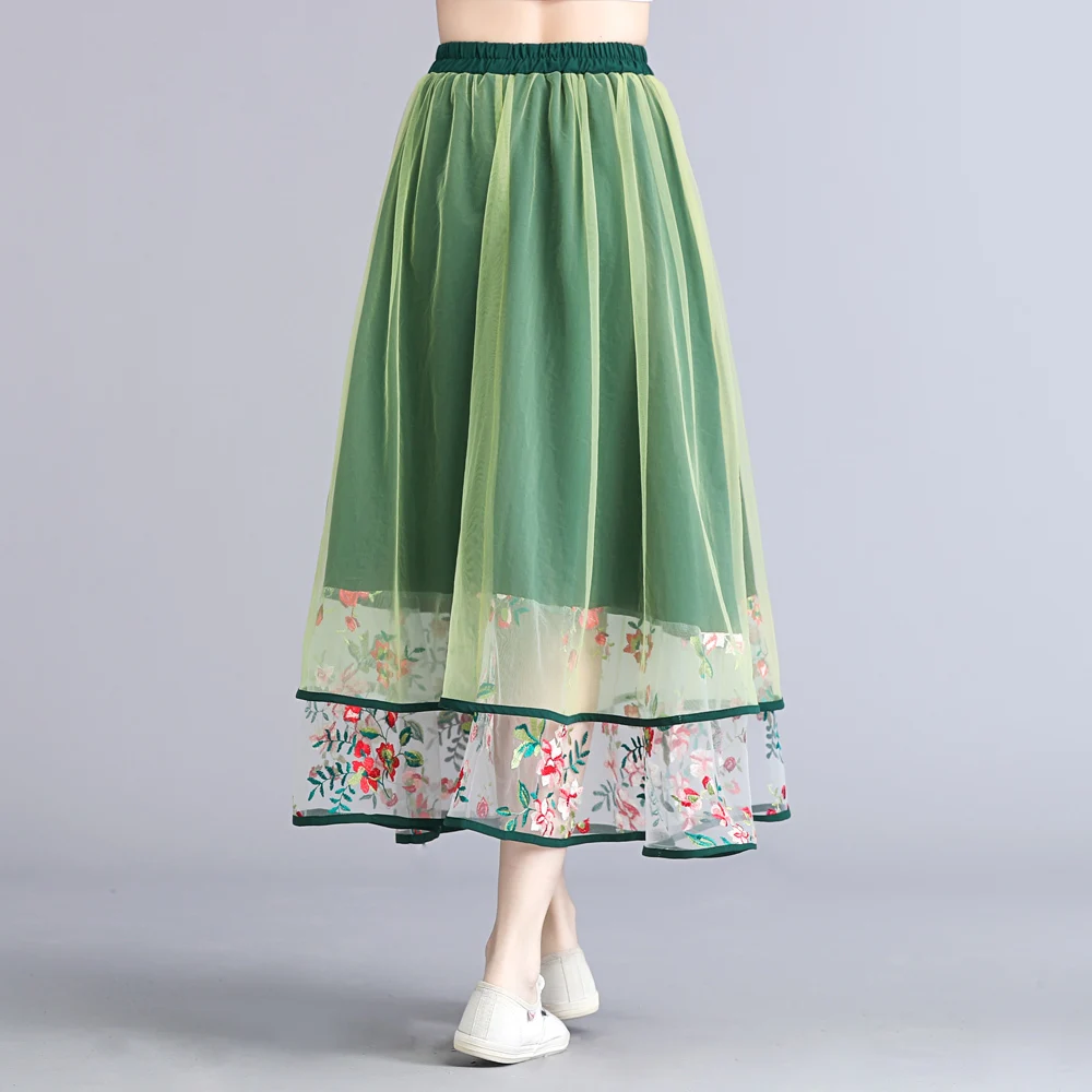 

New 2019 Summer Autumn Vintage Embroidery Skirts Womens Elastic Waist Mesh A-line Skirt Female Jupe Longue