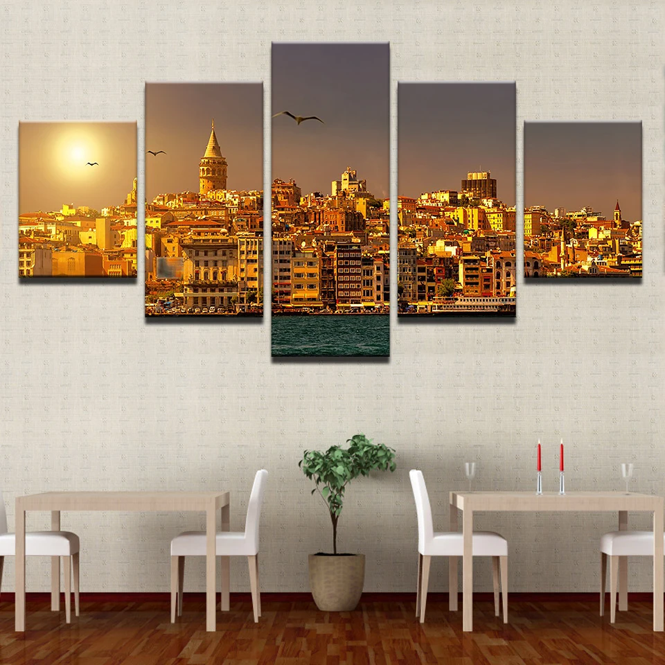 

Artwork Painting Modular Pictures Framework 5 Panel Sunset City Landscape Home Decor Living Room Wall HD Printed Modern Canvas