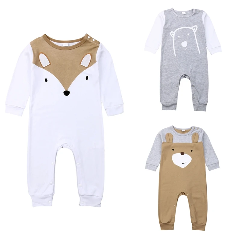 

2019 Toddler Baby Boy Girl Romper Spring Long Sleeve Round Neck Patchwork Fox Tops Outfits Cotton Costume Clothing Clothes 0-2T