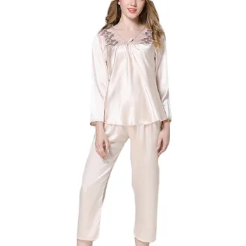 

Womens Sleepwear Casual Daily Solid V-Neck Lace Patchwork Bow Pleated Long Sleeve Pajama Sets Conjunto de pijama de pijama #E