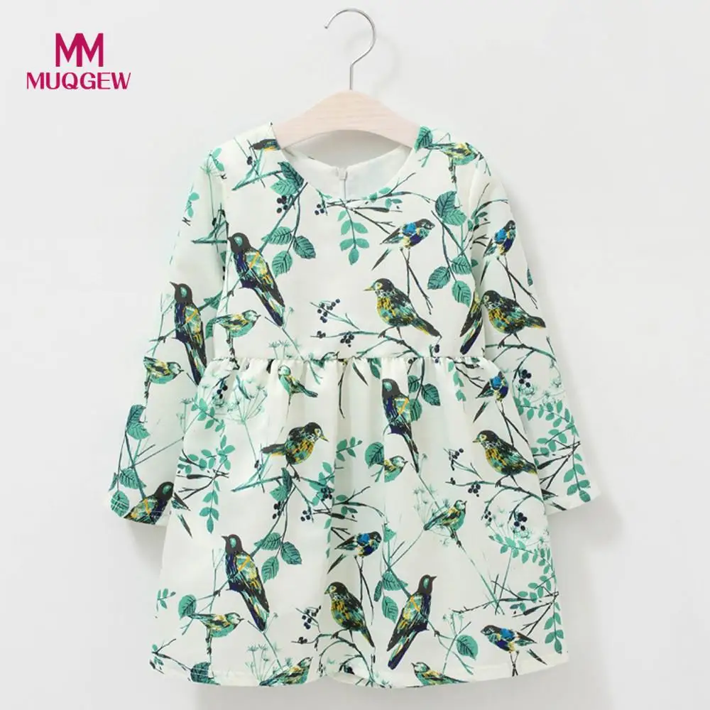 

MUQGEW Dress For Girls Toddler Kids Baby Girl Flower Birds Print Clothes Long Sleeve Party Princess Dresses Cotton O-Neck dress