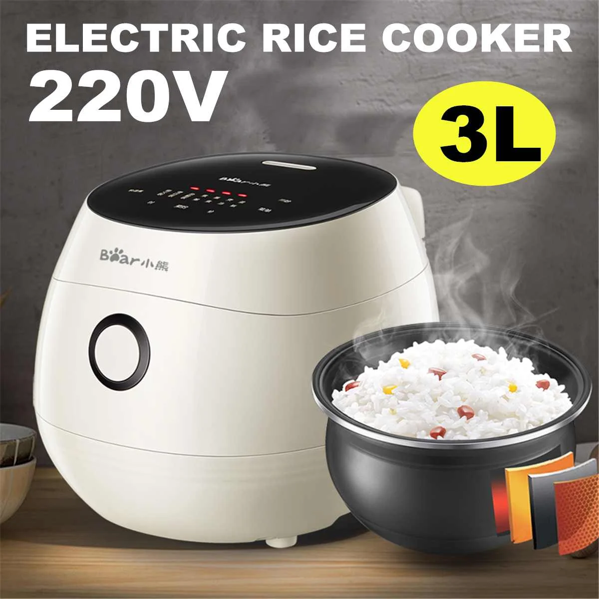 

3L 500W Electric Rice Cooker Multifunction Soup Pot Steamer Smart Kitchen Warmer Machine Food Cookware Heat Preservation 220V
