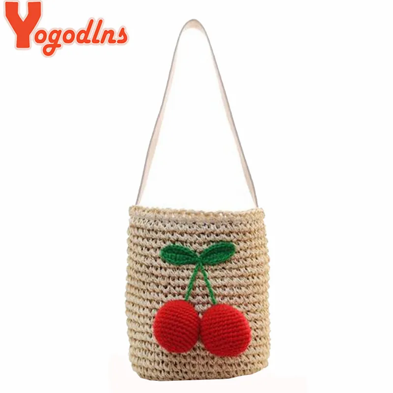 Yogodlns Bucket Straw Travel Bag for Women Summer Rattan Cherry Bag ...