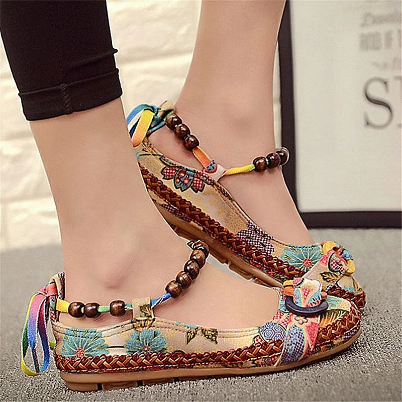 

Women Summer Casual Flat Shoes Retro Floral Flats Beaded Ankle Straps Loafers Zapatos Mujer Embroidered Shoes Plus Size 42