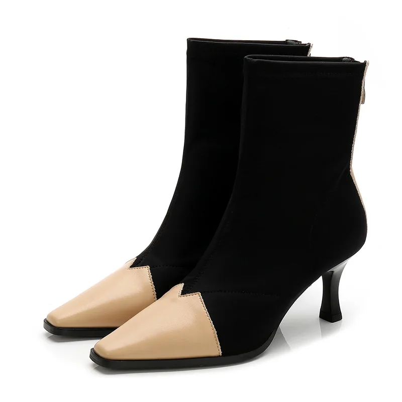 

Womens Chic Sequre Toe Socks Tube Stretchy Ankle Boots Stilettos High Heel Sexy Shoes Back Zipper Black 3Colors A493