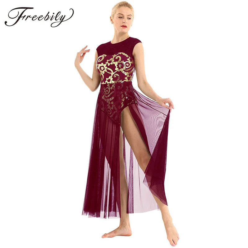 Freebily Women Floral Sequins Lyrical Modern Contemporary Dance Costume Ballet Leotard Maxi Dress