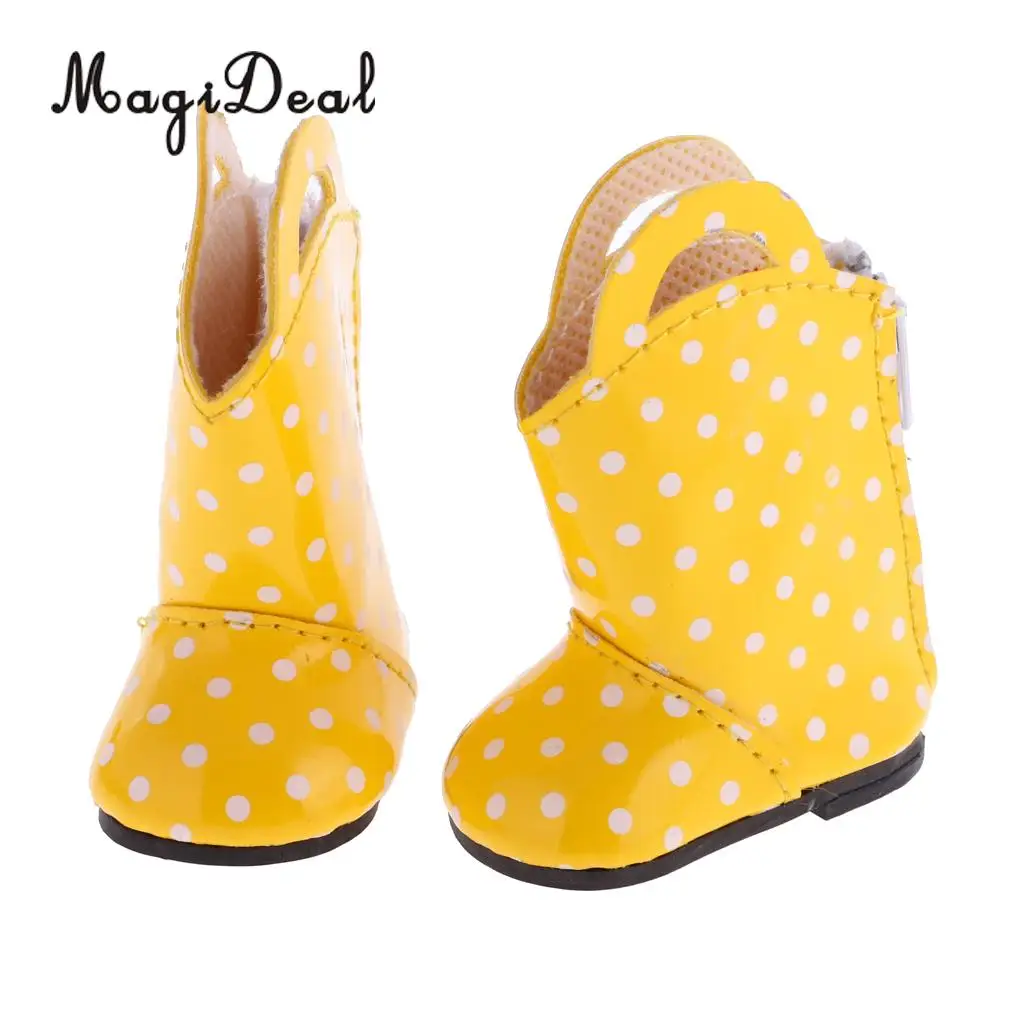 MagiDeal 1 Pair PU Leather Yellow Dots Zipper Back Boots Shoes for 18 Inch   Dolls Baby Outdoor Rain Wear Accs
