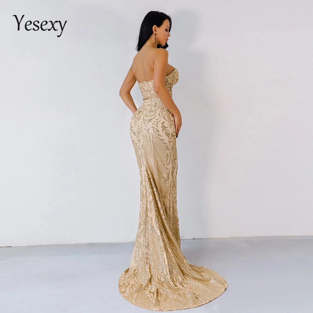 Yesexy, элегантные блестящие женские макси платья без бретелек, блестящее женское облегающее платье в пол, женское вечернее платье VR8911