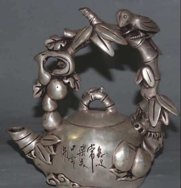 

9"Marked Chinese Silver FengShui Peach Bamboo cicada word Teapot Wine Pot Statue S0708