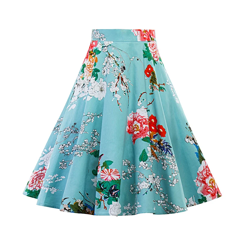 Kostlich 2017 New Summer Skirts Womens Print Floral High Waist 1950s 60s Vintage Midi Skirt Casual A-Line Big Swing Women Skirt (12)