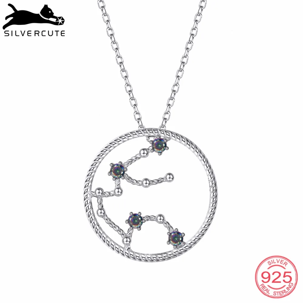 Silvercute 925 пробы серебро 12 созвездие Круглый Водолей топаз ожерелье для женщин знак