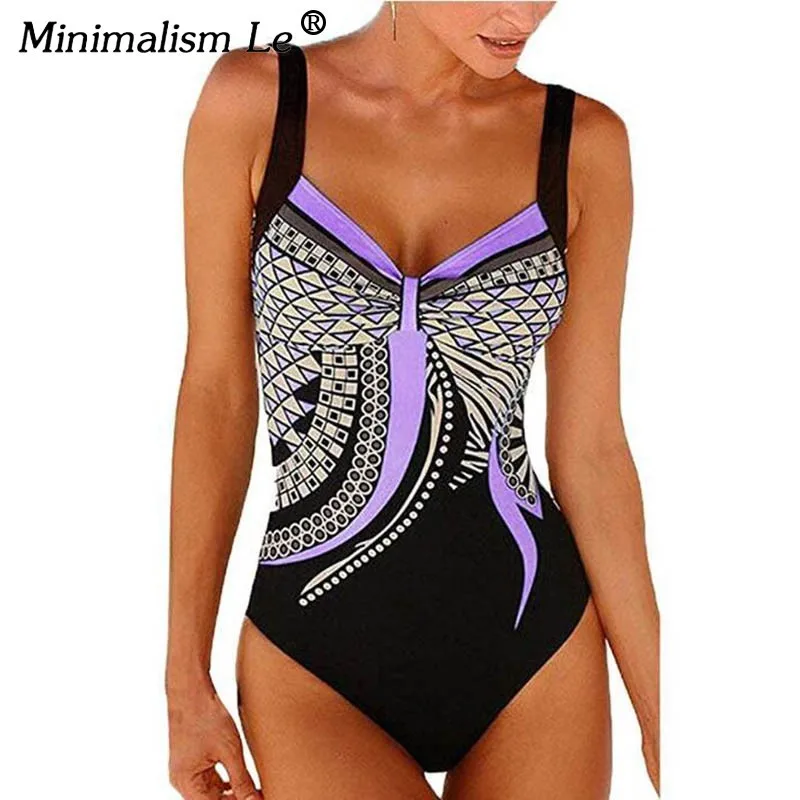 

Minimalism Le Retro Print Backless One Piece Swimsuit Bodysuit Sexy 2019 New Beach Wear Women Plus Size XXL Swimwear Monokini