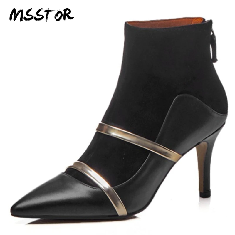 

MSSTOR Mixed Colors High Heels Boots Women Plus Size Pointed Toe Fashion Autumn White Women Ankle Boots Zipper Stiletto Pumps