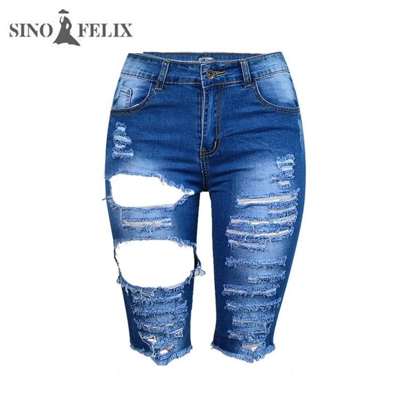 シノフェリックス女性スキニー短いジーンズ破れ太ももアパレルボーイフレンド穴ストレッチハイウエストデニム女性のパンツプラス大きなサイズ High Waist Denim Jeans Rippedjeans Plus Aliexpress