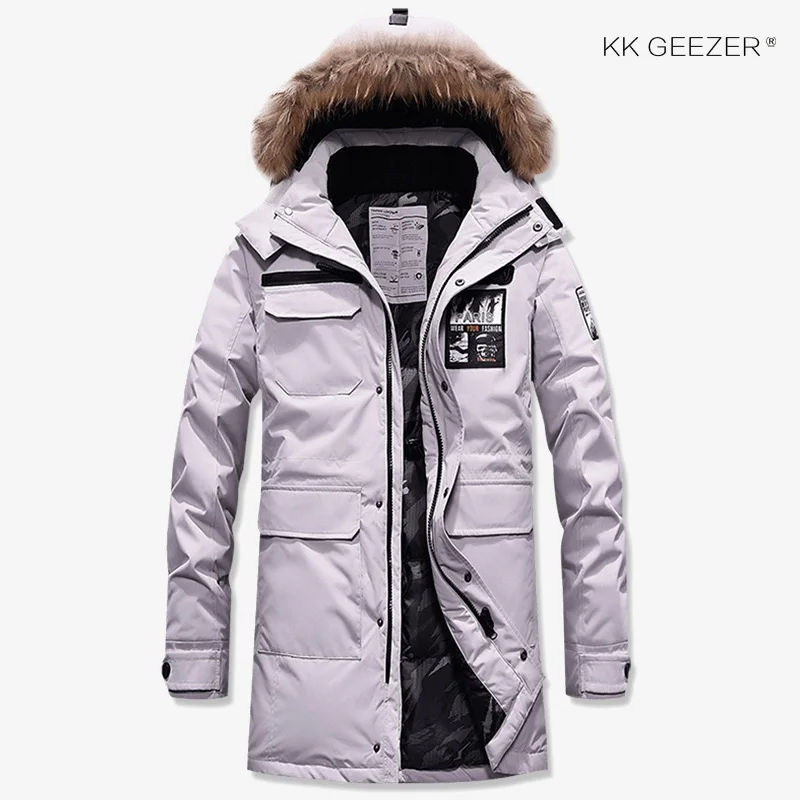 Зимние куртки, пуховое мужское длинное пальто, парки на утином пуху 80%, деловая ветровка, плотное пальто, стеганая парка, модная повседневная брендовая военная одежда - Цвет: Белый