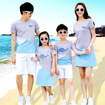 

Father mother and girls boys patchwork clothing family matching clothes beach mommy and me casual t shirt short and dress outfit