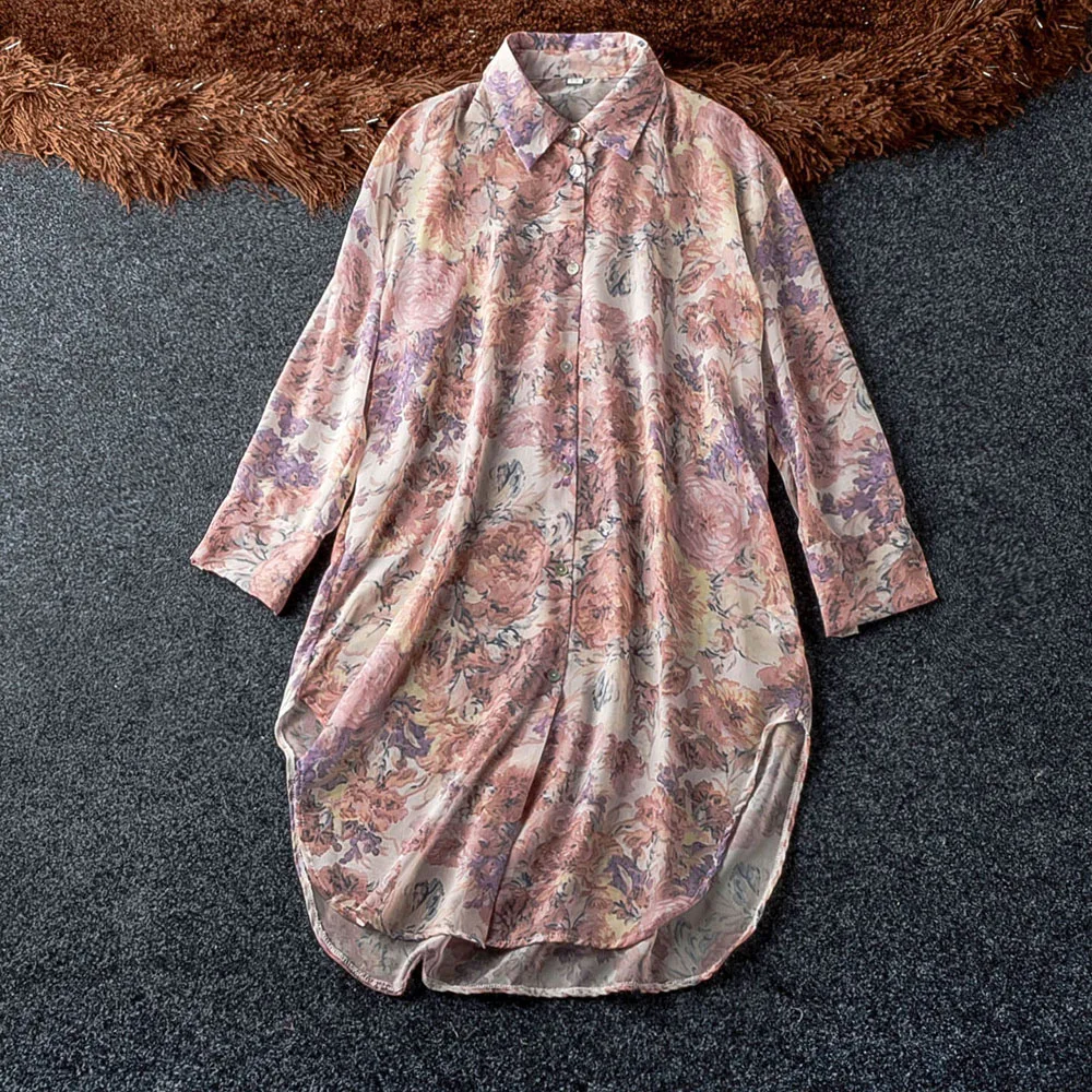 

Fashion Sunscreen Flower Pink Long Shirt Women 2019 Three Quarter Sleeve Elegant Turn Down Collar Blouse For Woman Chiffon Shirt