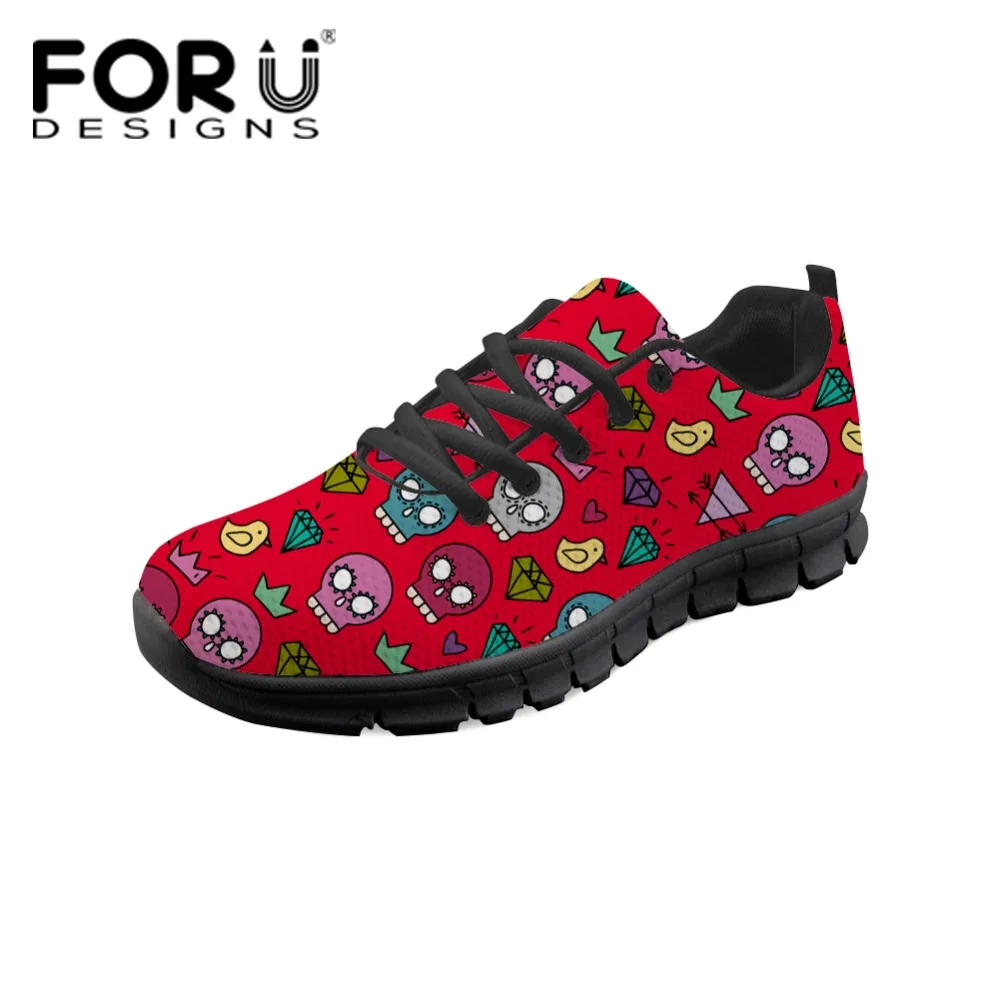 

FORUDESIGNS Red Cute Skull Design Sneakers Women Flats Spring Women HOT 3D Printing Skull Lace-up Comfortable Shoes for Women