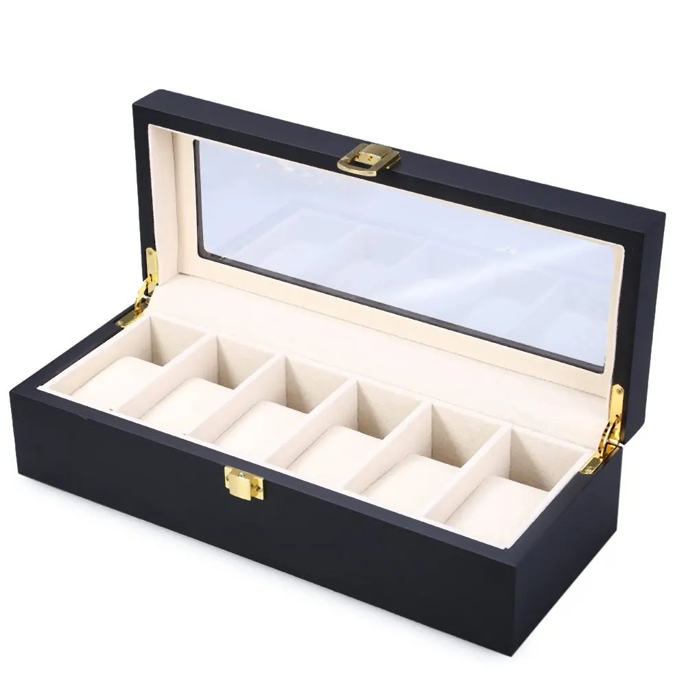 

New Fashion Black 6 Slots Wood Watch Display Case Watches Box caja reloj