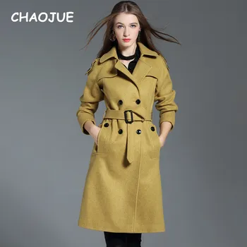 

CHAOJUE Brand Europe High Quality Woolen Trench Coat for Women 2018 Autumn/Winter Double Breasted Extra Long Coat Free Shipping