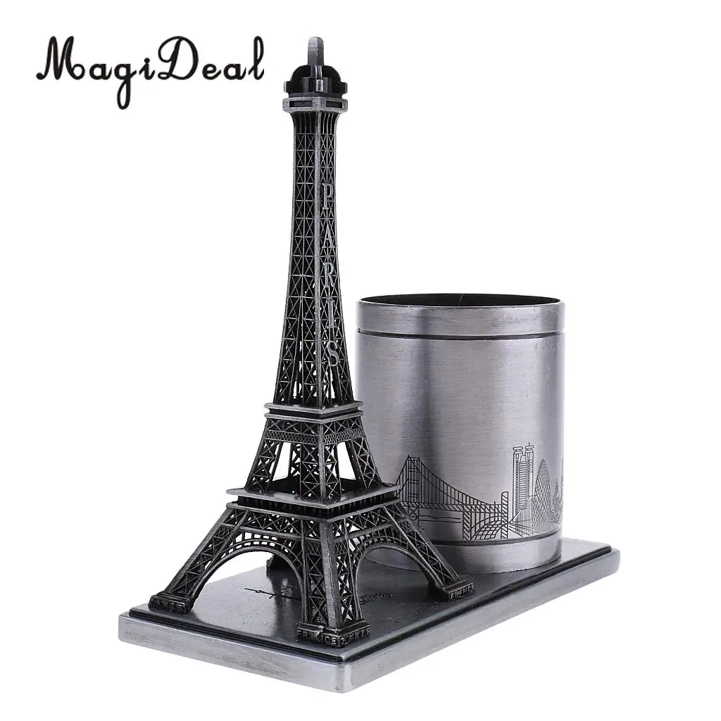 Desktop Organizer Pencil Pen Case Holder Retro Figurines Eiffel Tower Model Metal Crafts Home Decor Miniature Student Gift