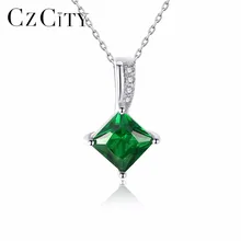 Фотография CZCITY Charm Chain Necklace Emerald Green Cubic Zirconia Popular Jewelry 925 Sterling Silver Pendant Necklace for Women Gift