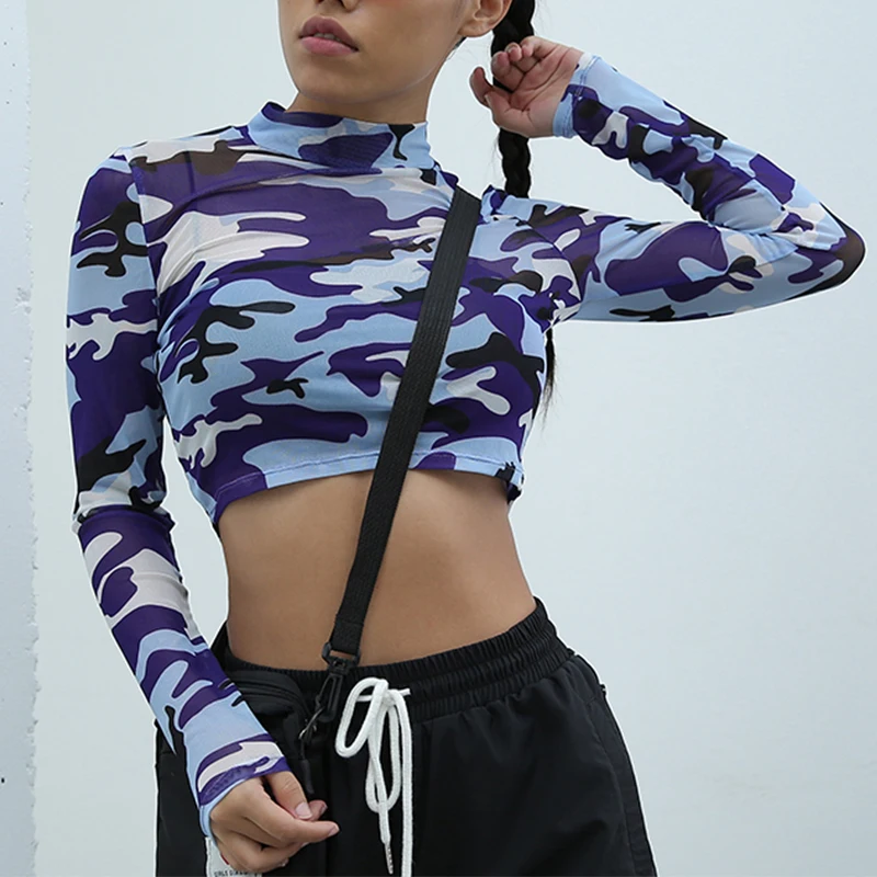 

Waatfaak Camouflage Mesh Tshirt Women Long Sleeve Sexy Transparent Crop Top O Neck Kawaii Streetwear T Shirts Blue Tee Shirt
