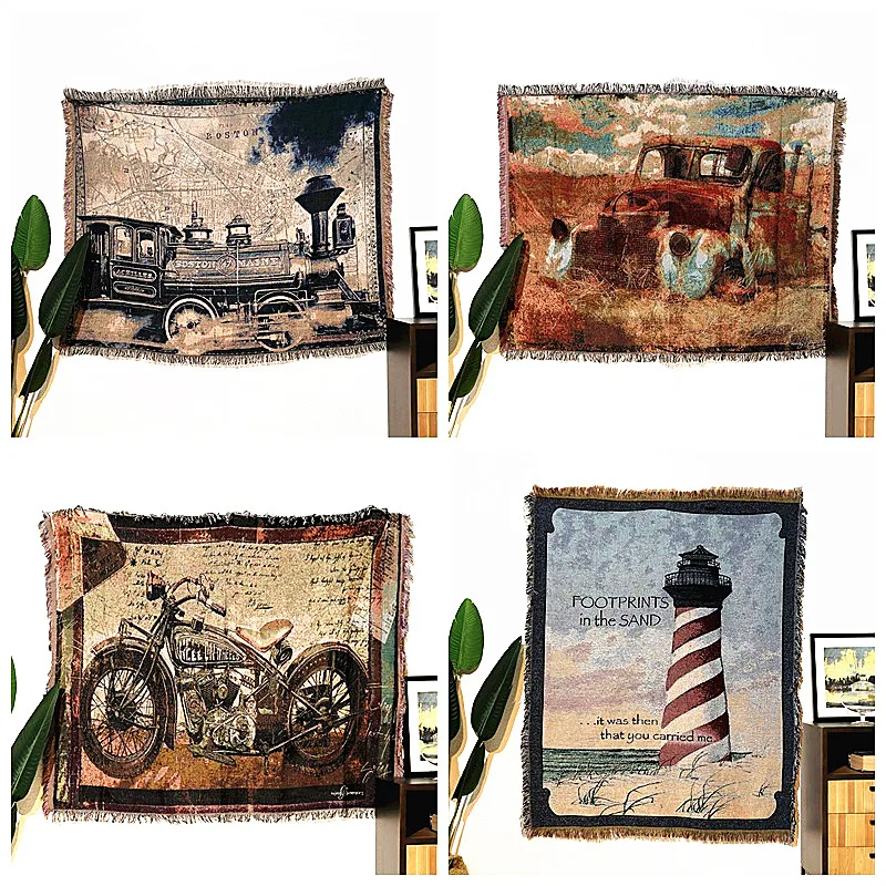 

Shabby chic Vintage blanket double sided cotton knitting wall tapestry sofa towel bed cover felts carpet farmhouse decor