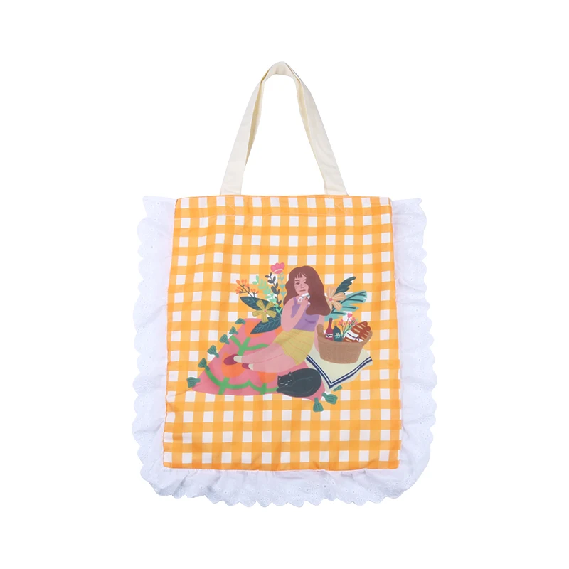 

Female Canvas Shoulder Bag Harajuku Yellow Plaid Cartoon Printing Tote Bag Ruffled Lady Handbag Large Capacity Luxury Handbag