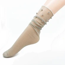 Женские кружевные чулки, высокое качество, летние, стильные, современные, блестящие, блестящая жемчужина, носки, сетчатые, тонкие, с бусинами, марлевые, прозрачные