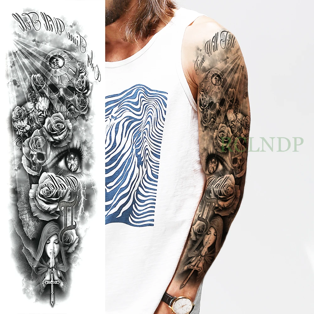

Waterproof Temporary Tattoo Sticker Skull Rose Cross Pray full arm large size fake tatto flash tatoo sleeve for men women girl