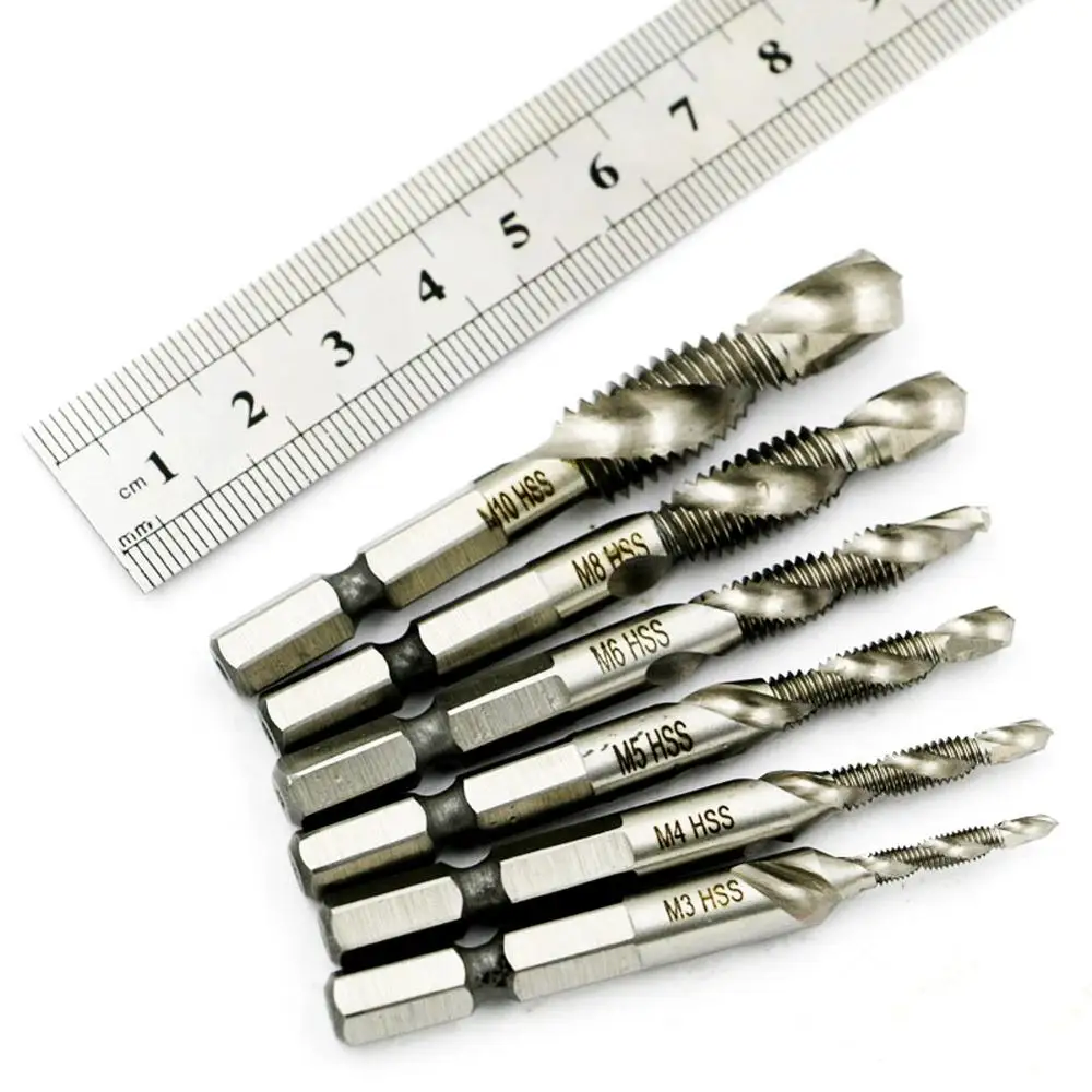 6pcs Self-centering Spiral Pointed Tap HSS Tapping Thread Hex Tap Drill Bit 