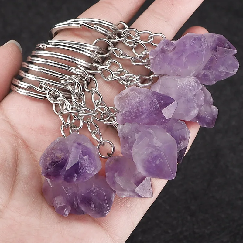 

Natural Stone Keychains Handbag Purse Holder Nuggets Raw Real Amethysts Crystal Quartz Stone Dangle Car Clasps Chains Key Rings