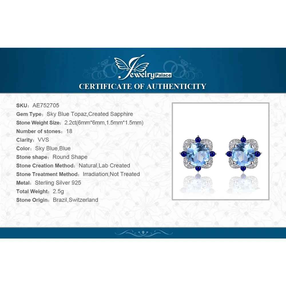 Jewelrypalace модные Серьги гвоздики 2.27ct круглый природный Голубой топаз инкрустация