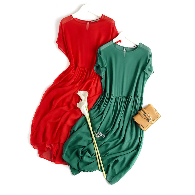 

2017 Pure Silk Dress 100% Mulberry Silk Women One-piece Loose Long Bohemia Dresses M L XL FREE SHIPPING