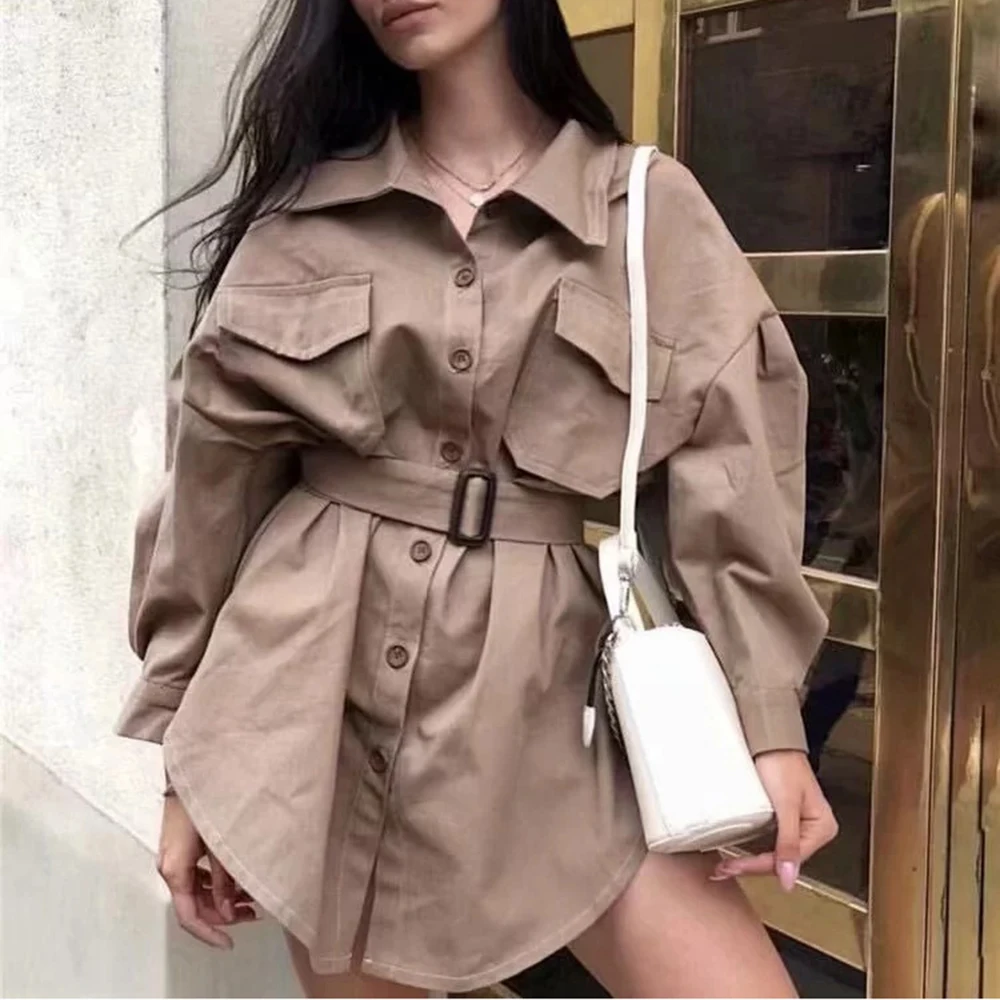 

WHOSONG Elegant Button Salshes Women Work Office Dress Casual Batwing Sleeve Shirt Dresses Oversize Ladies Mini dress 2019