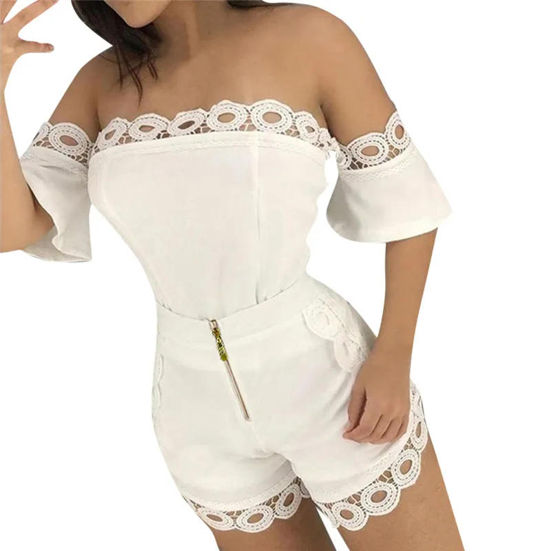 

Women Solid Pink Set Off Shoulder Strapless Lace Short Outfit Sets Patchwork Shorts Zipper Suits Conjuntos De Mujer 40Jun17
