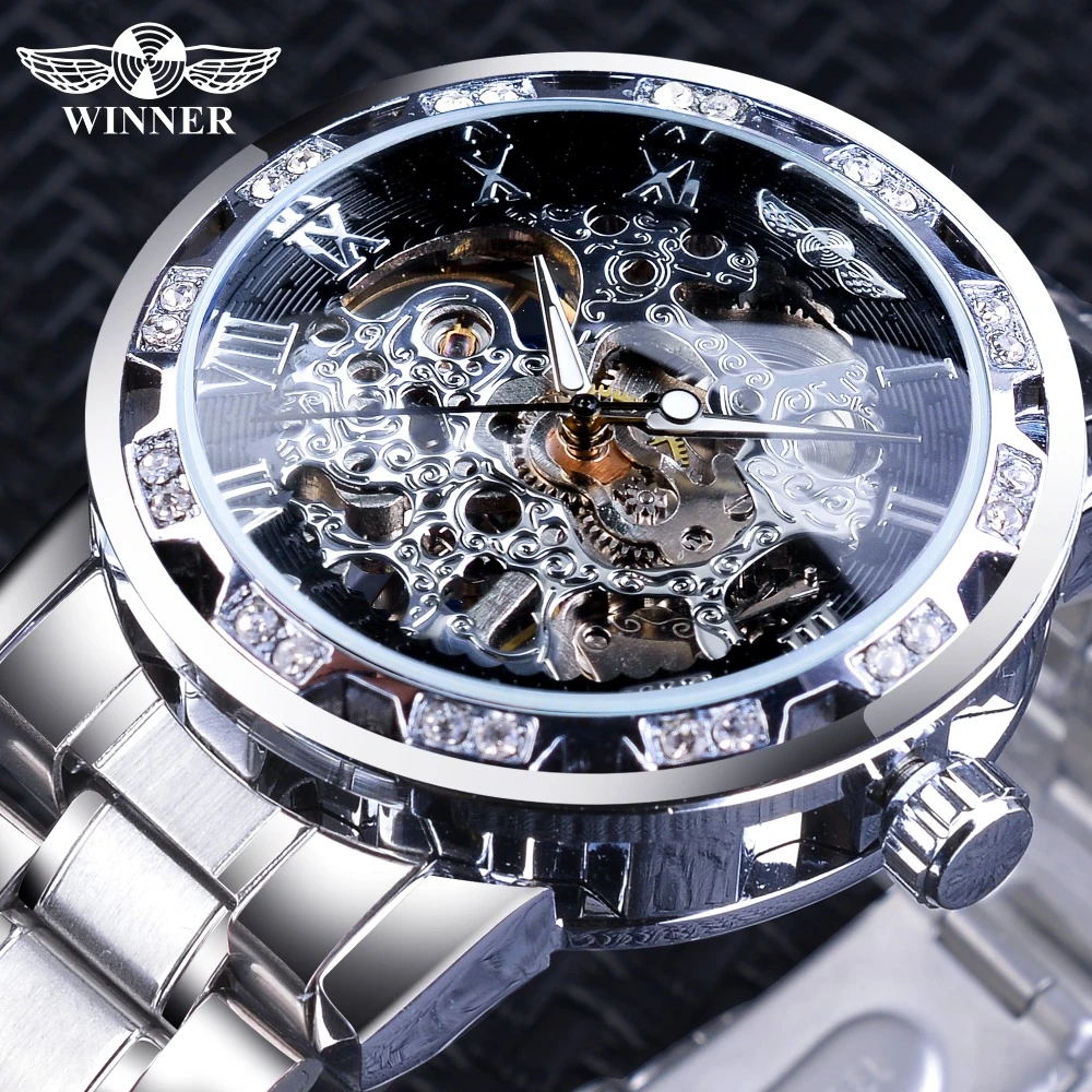 Winner Reloj de acero inoxidable para hombre, accesorio Masculino con  diseño de diamantes de lujo, negro, esqueleto, plateado, mecánico, de la  mejor marca|Relojes mecánicos| - AliExpress