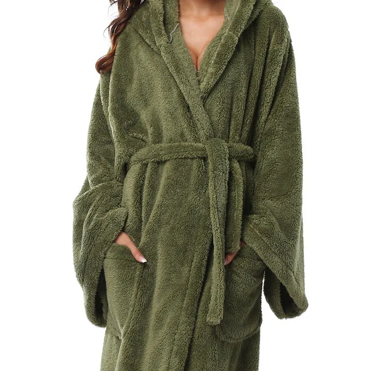 Женские плотные халаты с капюшоном, мягкий коралловый флис, теплый длинный халат, плюшевое кимоно, одежда для сна, ночная рубашка, зимний спа Халат с карманом - Цвет: green