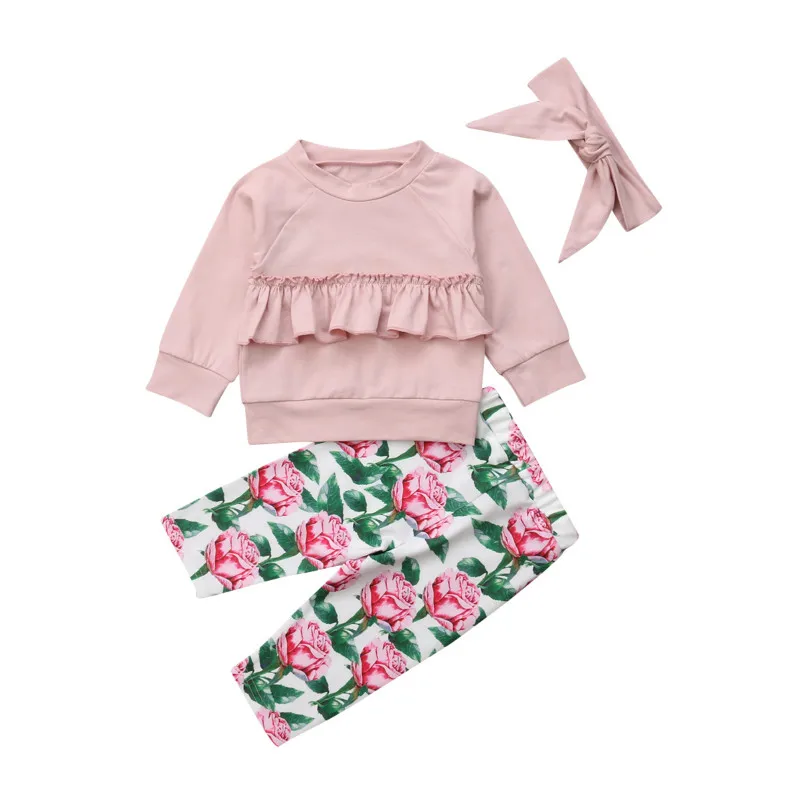 

0-4Y Toddler Kids Baby Girl Autumn Clothes Long Sleeve Ruffles Pullover Tops Pink Rose Flower Pant Headband 3PCS Clothing Set