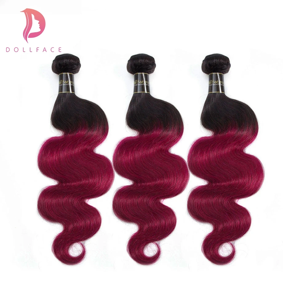 Dollface Ombre 1b/99J Human Hair Bundles Body Wave Hair Weave Bundles 3pc Remy Hair Extension 3:7 Proportion Free Shipping