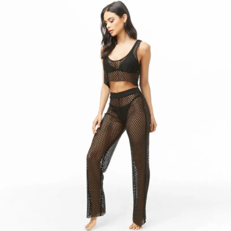 

Hot Fashion Women Sexy Crochet Mesh Solid Colopr Swimwear Summer Beach Sheer Bikini Cover Up Suit 2Pcs Summer Sexy Sunsuit Set