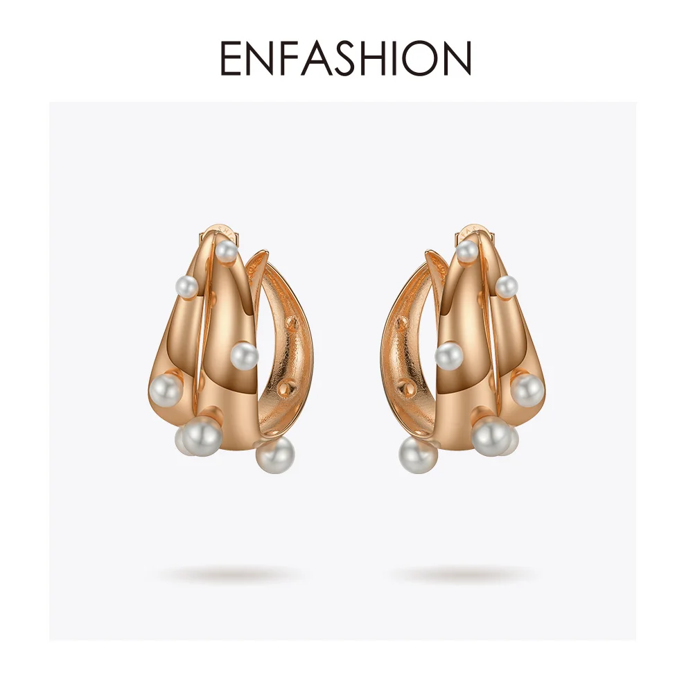 ENFASHION, серьги-кольца в стиле панк с жемчугом, двойной C, для женщин, золотой цвет, большие эффектные серьги, модные ювелирные изделия, Pendientes Aro EC191042 - Окраска металла: Rose gold color