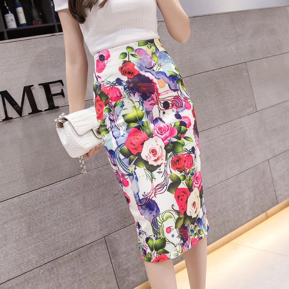 

Women Skirts Casual Print Flowers Pencil Skirt Stretchy Knee-Length Skirts Plus Size 12 Colors Faldas Mujer 2019