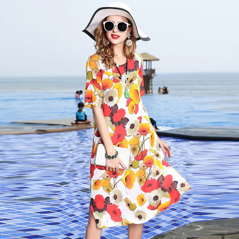 

L3ST1281 New Fashion Women Summer Clothes 2019 Pure Silk Dresses Female 100% Silk Flowers Summer Dress