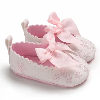 

Baby Girls Toddler Infant First Walkers Spring Soft Sole Non-Slip PU Princess Casual Floral Embroidery Shoes with Bowknot 0-18M